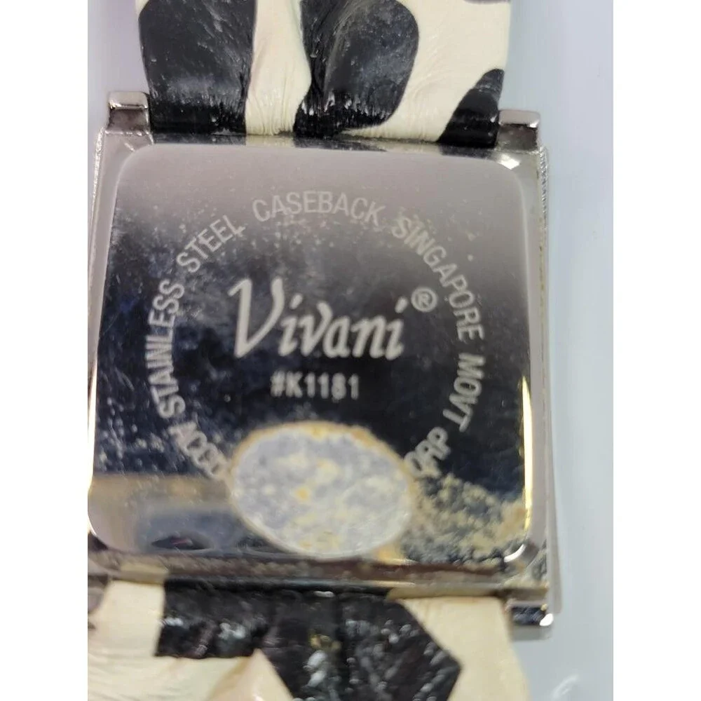 Vivani K1181 Quartz Watch Silver Tone Square Case Animal Print Wide Band